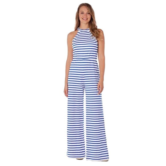 Jude Connally Edie Halter Jumpsuit Navy Blue White Striped Size XS - Picture 1 of 16